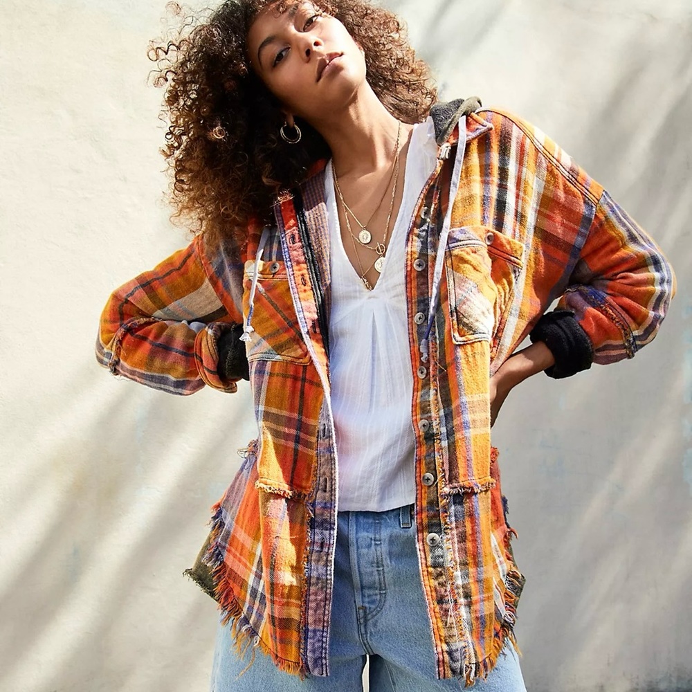 Free People Orange Plaid Distressed Shacket